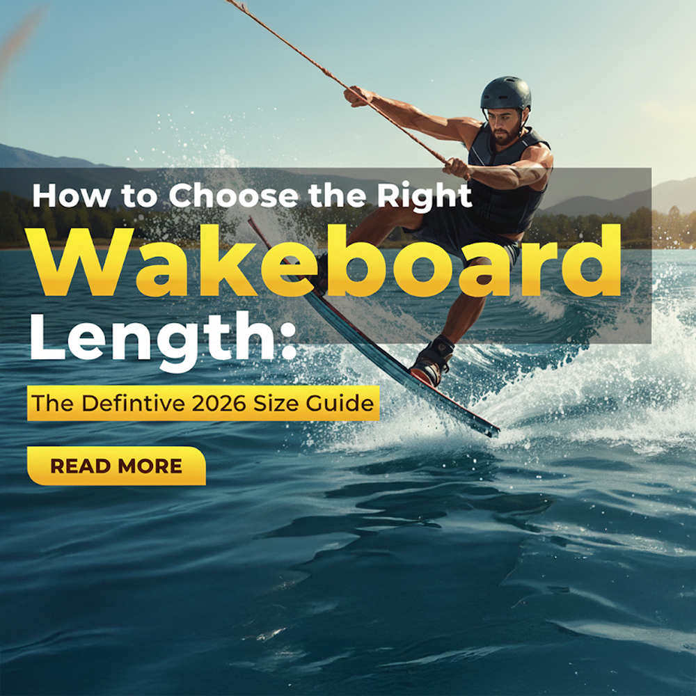 Dynamic fisheye lens action shot of a wakeboarder performing a trick, styled with anamorphic distortion and neon glowing accents. Text overlay reads 'Wakeboard Size Guide 2026' with the BuyWakeWorks.com logo, designed for high-performance gear selection.