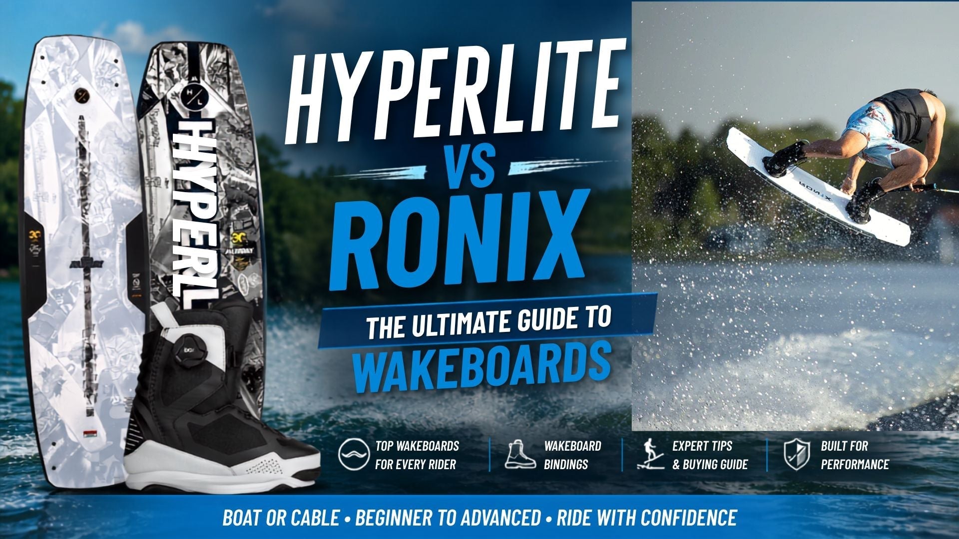Hyperlite Wakeboard with BOA wakeboard bindings and rider performing a wakeboarding trick on the water